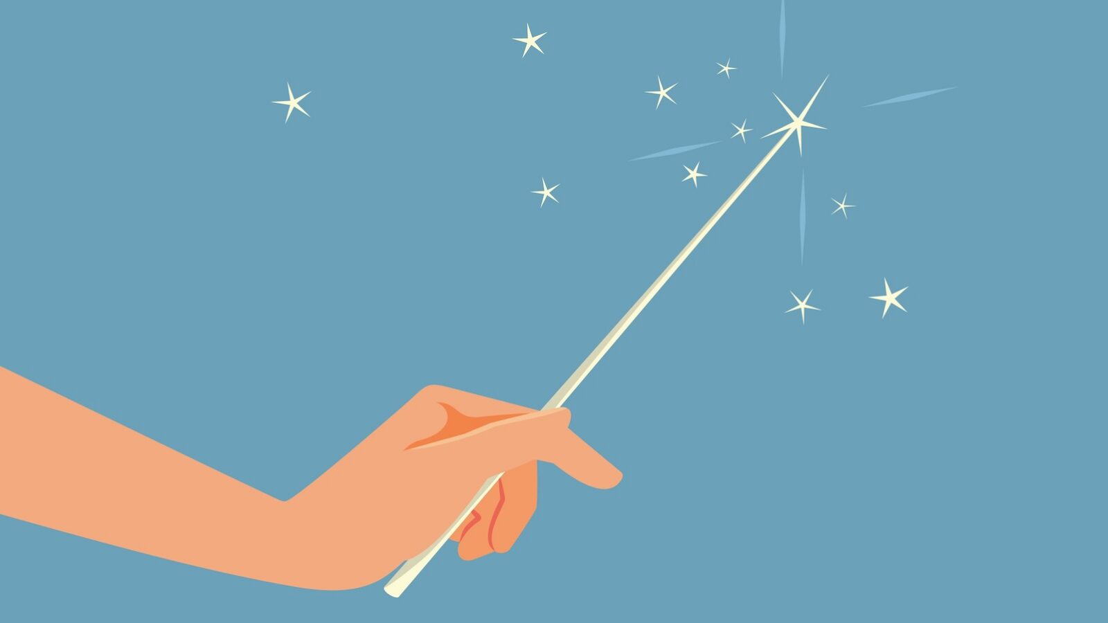 This is an image with a blue background and a light skinned arm holding what appears to be a magic wand that has pixie dust around the top for an article about hiring an SEO strategist