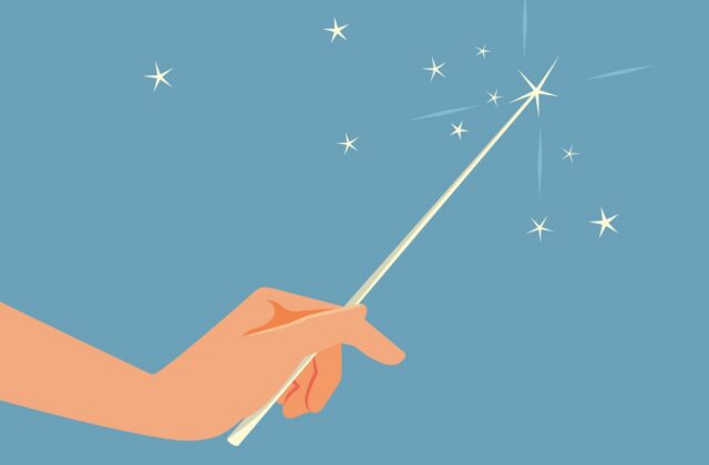 This is an image with a blue background and a light skinned arm holding what appears to be a magic wand that has pixie dust around the top for an article about hiring an SEO strategist