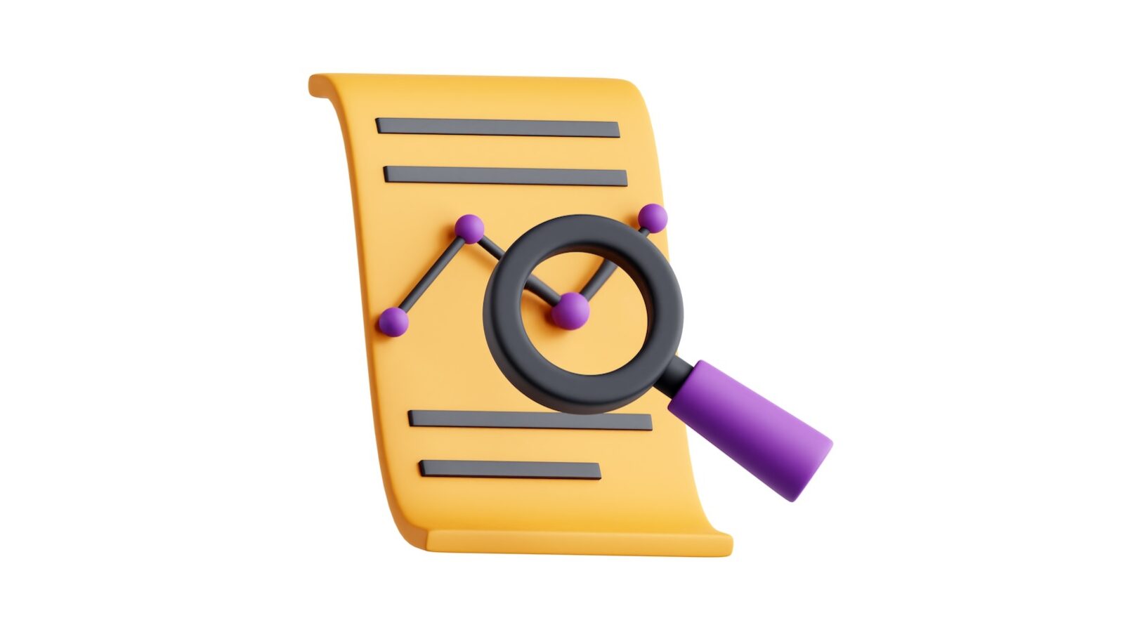 This is an illustration of a yellow paper with blank lines, a red line chart, and a purple margnifying glass over it for an article about data-driven content
