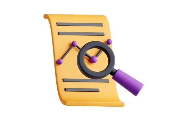 This is an illustration of a yellow paper with blank lines, a red line chart, and a purple margnifying glass over it for an article about data-driven content