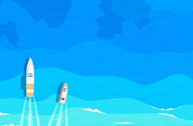 This is an illustration of what appears to be an overhead view of two small white boats traveling on a deep blue ocean of a gradient of blue colors for an article about working with a freelance photographer