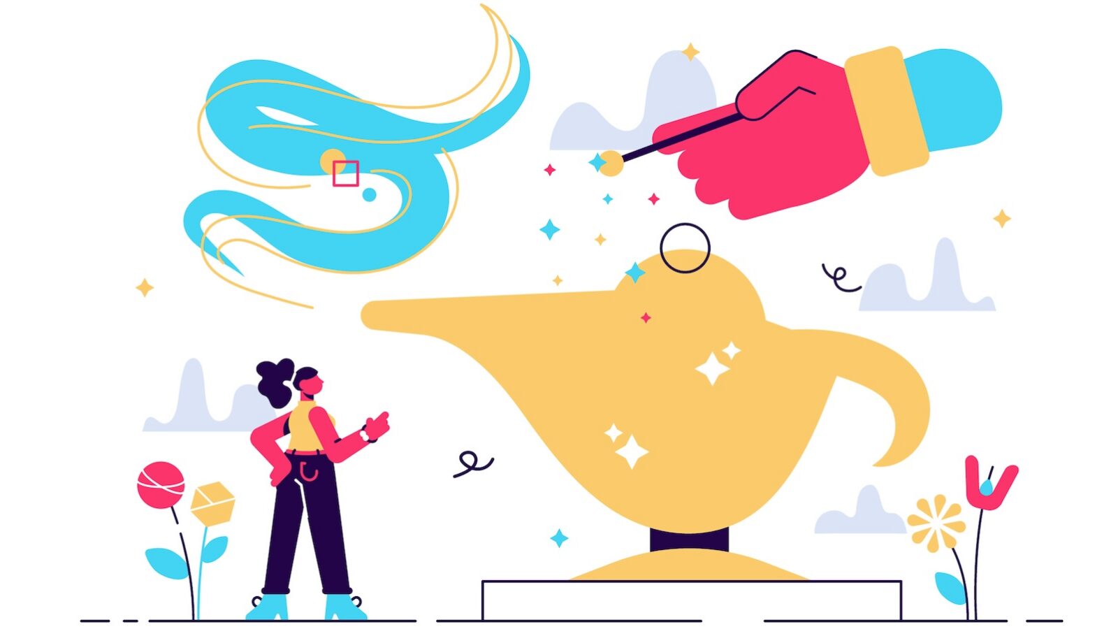 This is an illustration with a small person standing near a huge genie bottle with a hand in the top making a wish in an article about how to refresh content