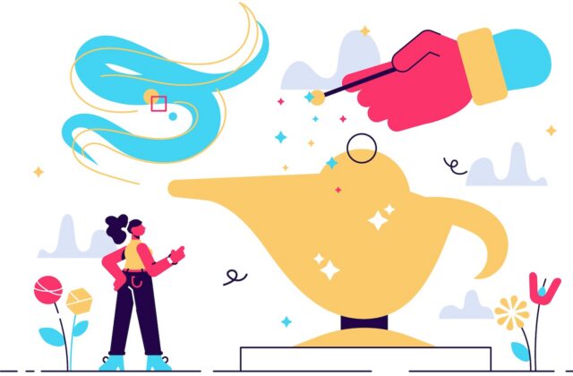 This is an illustration with a small person standing near a huge genie bottle with a hand in the top making a wish in an article about how to refresh content