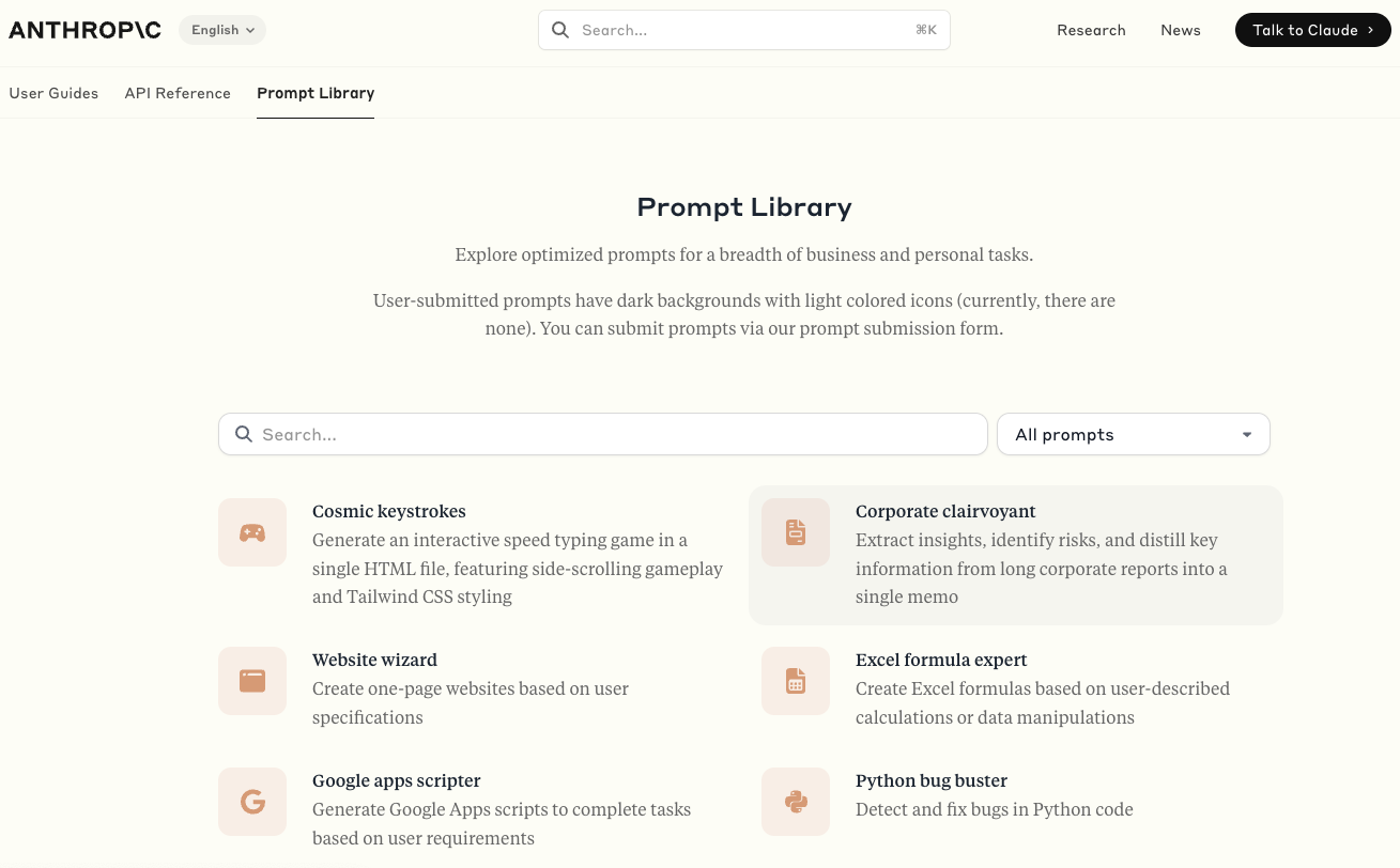 Example of a promp library main screen for Anthropic for an article on Content AI. This is a text heavy image that basically showcases a search bar with options.