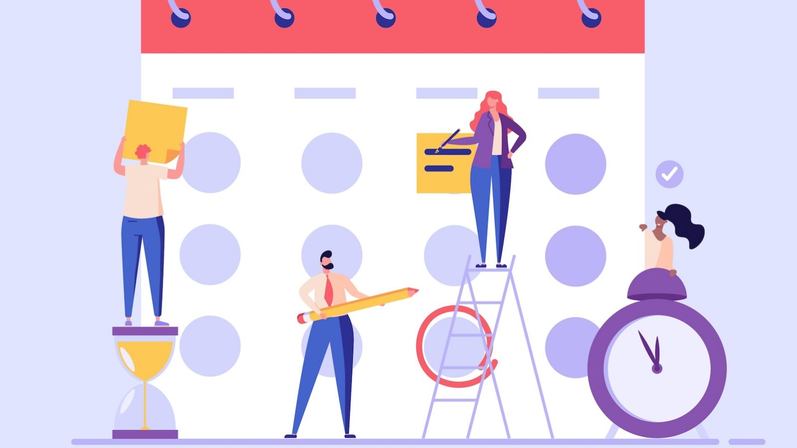 This is a graphic that looks like a calendar page with drawn humans adding things to it. One is on a ladder. This image is for an article that answers the question: what are content marketing platforms?