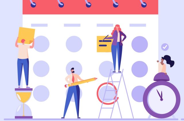 This is a graphic that looks like a calendar page with drawn humans adding things to it. One is on a ladder. This image is for an article that answers the question: what are content marketing platforms?