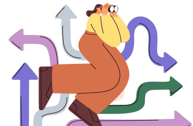 SEO changes make the future of search hard to decipher. Image is a graphic of a woman looking through glasses with different arrows pointing in various directions behind her. For an article titled Does SEO have a future?