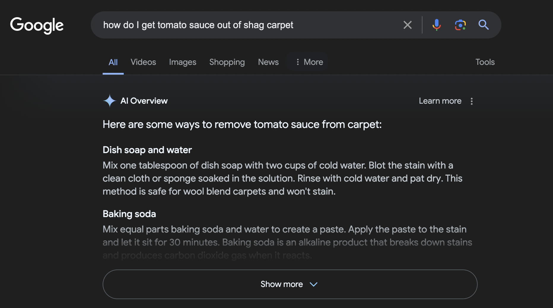 This is a screenshot of a Google AI Overview response in dark mode for the query "How do I get tomato sauce out of a shag carpet" in an article about AI search