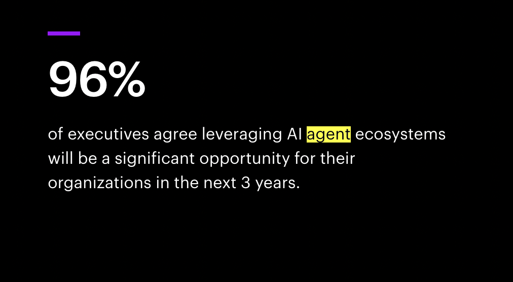 This is a stat about AI search on a black background "96% of executives agree leveraging AI agent ecosystems will be a significant opportunity...in the next three years"