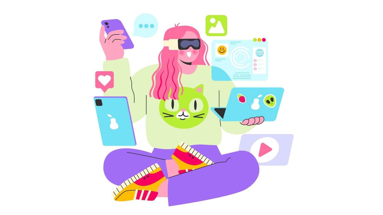 This is an illistration of a woman with many content-related graphics around her for an article about content diversification