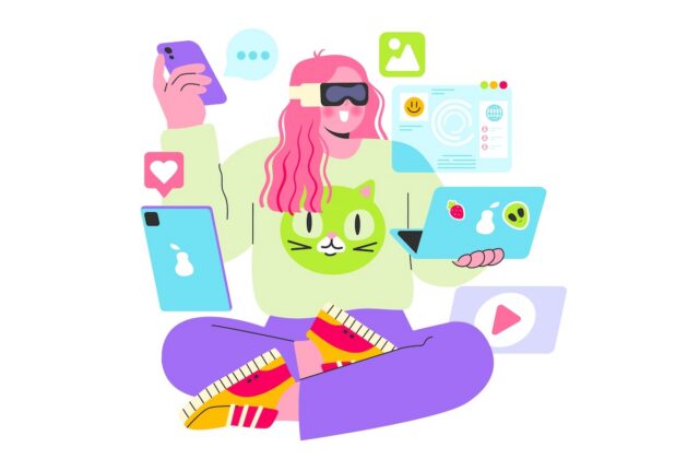 This is an illistration of a woman with many content-related graphics around her for an article about content diversification