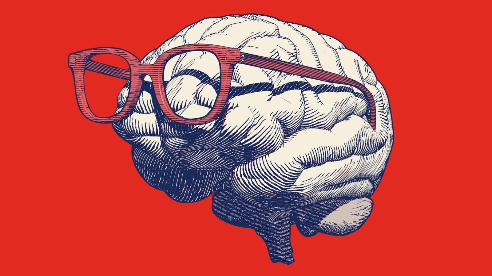 An image with a red background - there is a whitish gray gran wearing red glasses in the forefront. This is used in an article about novelty in marketing