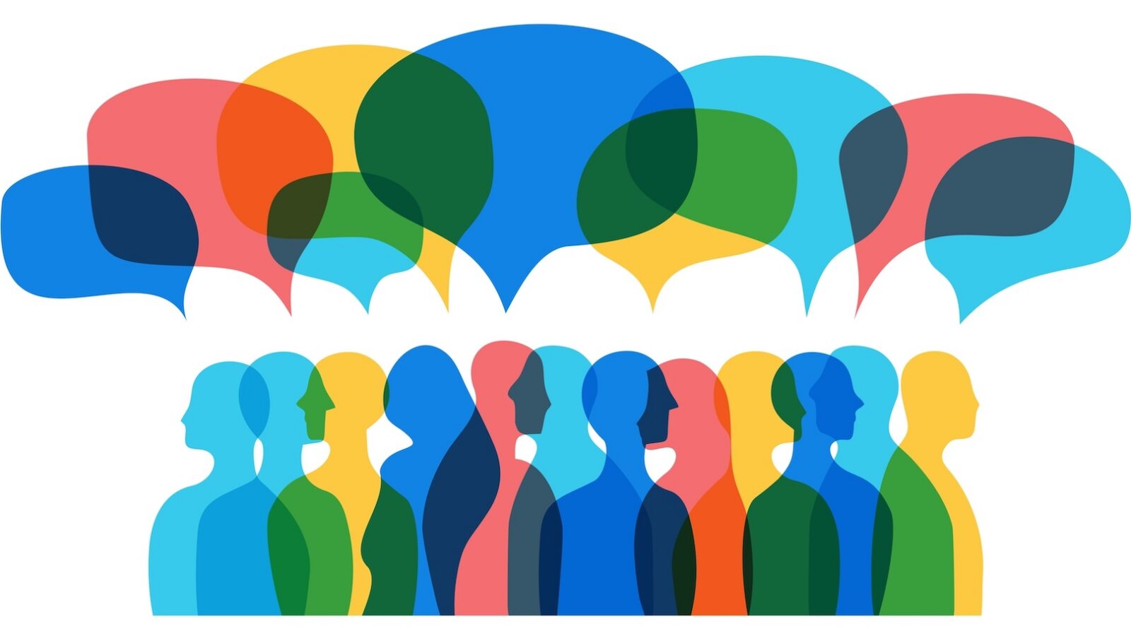 This is a multicolored illustration of what appears to be a group of people looking in both directions with talk bubbles above their heads for an article about creating a timely content marketing calendar