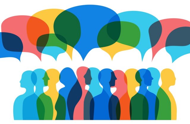 This is a multicolored illustration of what appears to be a group of people looking in both directions with talk bubbles above their heads for an article about creating a timely content marketing calendar