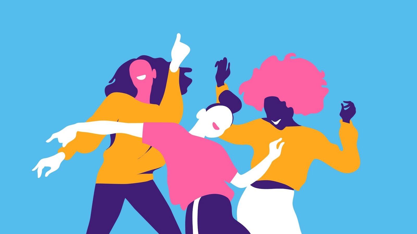This is an illustration of three people who appear to be dancing with a blue background for an article about interactive content marketing