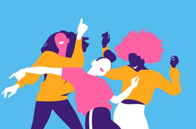 This is an illustration of three people who appear to be dancing with a blue background for an article about interactive content marketing