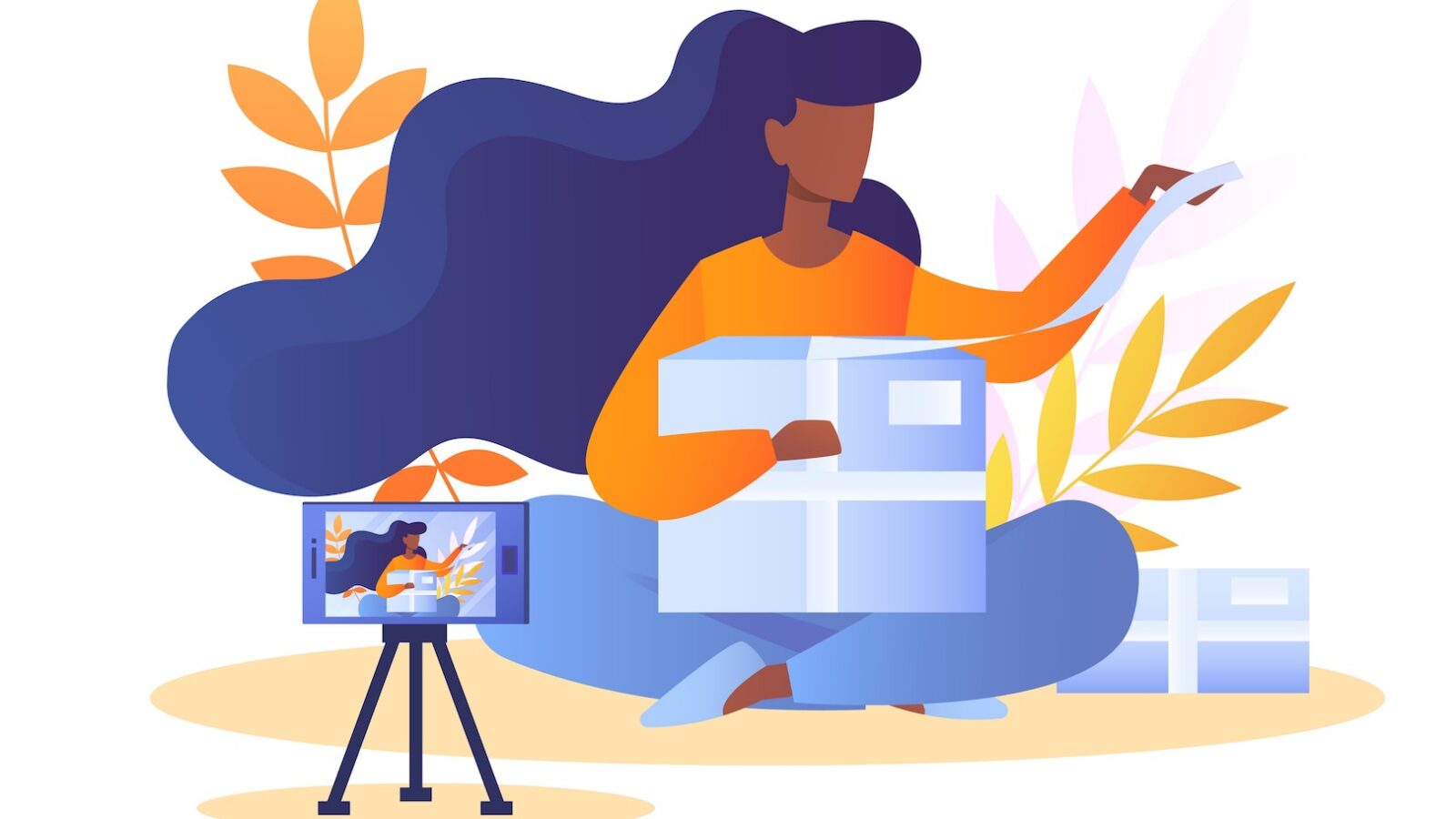 This is an illustration of a creator filming themselves with a phone on a tripod in the foreground for an article about user-generated content
