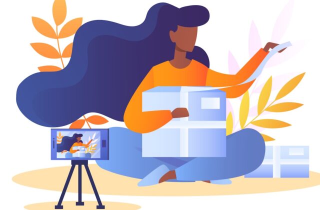 This is an illustration of a creator filming themselves with a phone on a tripod in the foreground for an article about user-generated content