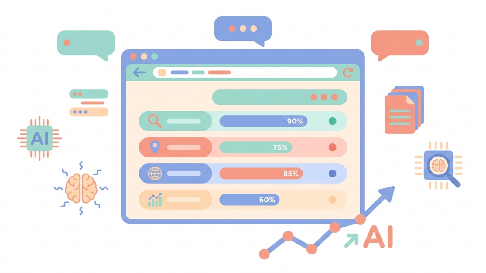 GEO tools comparison dashboard with AI search visibility scores - flat vector illustration