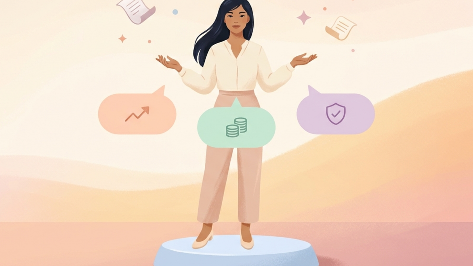 Editorial illustration of a content marketer translating an AI pilot pitch into three pastel speech bubbles representing CMO growth metric, CFO cost metric, and Legal review metric