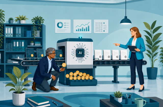 Illustration: an AI machine strips gold check-mark seals from a brand's documents as they pass through, while a marketer picks up the discarded seals